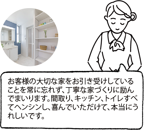 お客様の大切な家をお引き受けしていることを常に忘れず、丁寧な家づくりに励んでまいります。間取り、キッチン、トイレすべてヘンシンし、喜んでいただけて、本当にうれしいです。